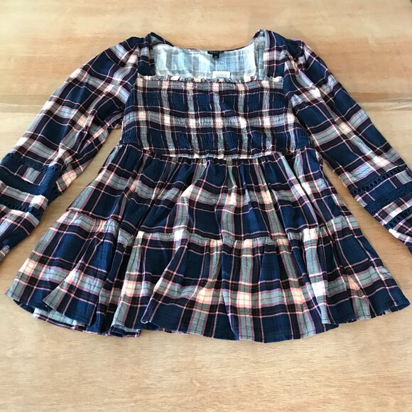 Torrid Babydoll Top Women M Blue Plaid Smocked Square Neck Ruffle Long Sleeve - Picture 1 of 12